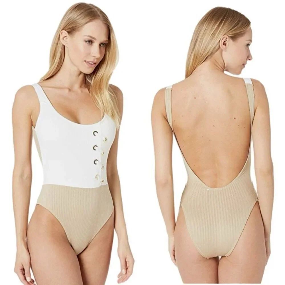 Derek Lam 10 Crosby Khaki Rib Knit Swimsuit One Piece